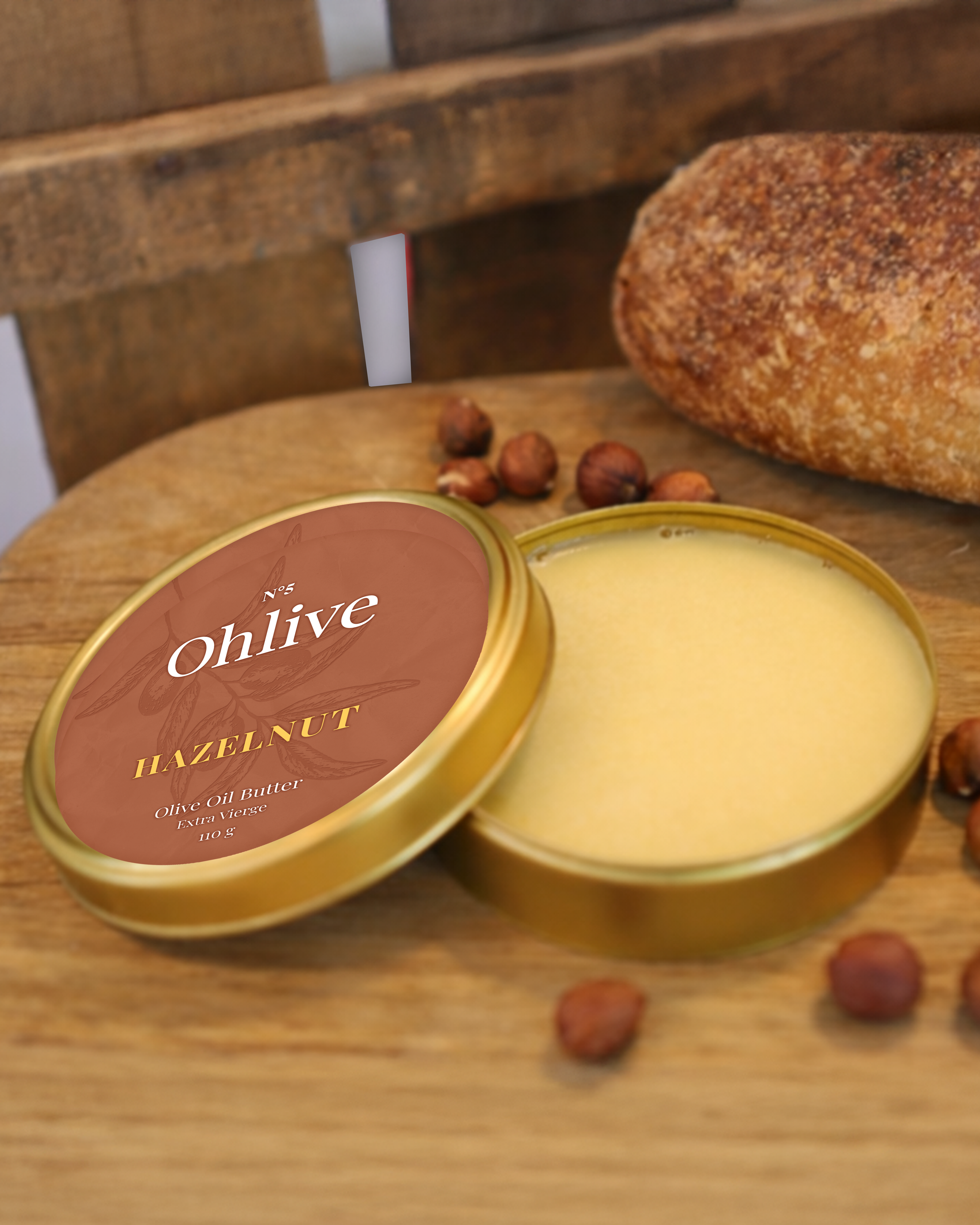 N°5 Ohlive Hazelnut olive oil butter with artisanal bread and hazelnuts
