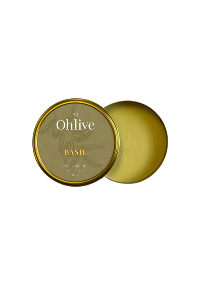 basil olive oil butter by Ohlive in gold tin packaging
