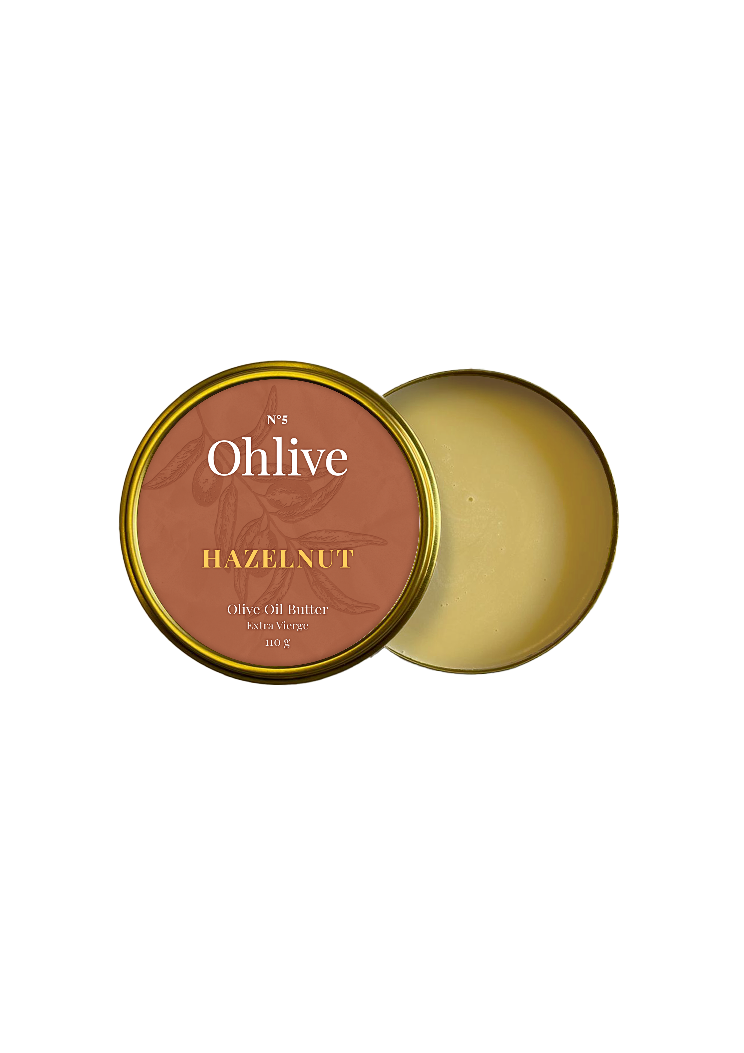hazelnut olive oil butter by Ohlive in gold tin packaging