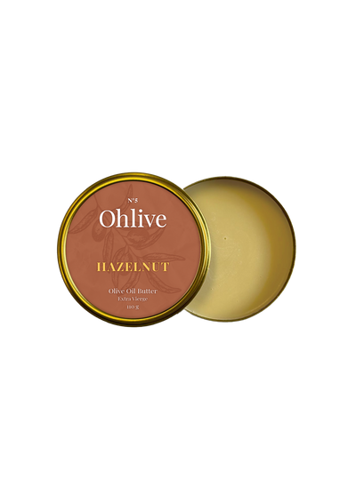 hazelnut olive oil butter by Ohlive in gold tin packaging