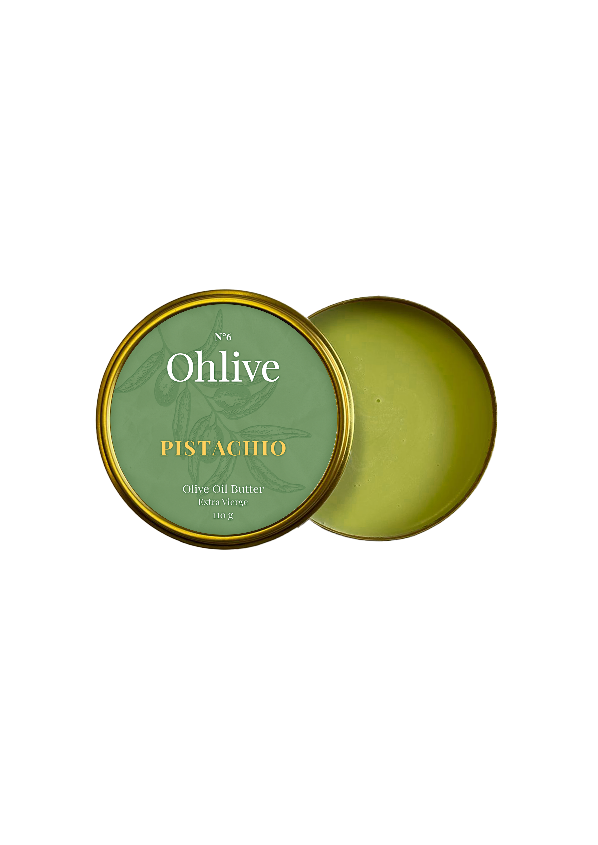 pistachio olive oil butter by Ohlive in gold tin packaging