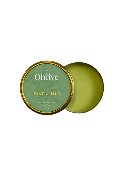 pistachio olive oil butter by Ohlive in gold tin packaging